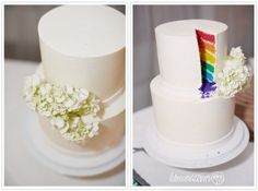 two photos of a white cake with flowers on the top and one has a rainbow decoration