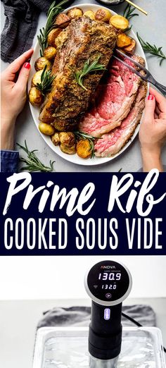 the prime rib cooked sous - vide is ready to be served on the stove