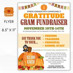 a flyer for an event with pumpkins and fall leaves on the front, and words that read gratitude gram fundraiser