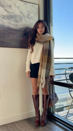 Elegant Outfits With Boots, Fall City Girl Outfits, Reddish Brown Boots Outfit, Winter Dress And Coat, Beige Fall Outfits For Women, Autumn Dresses Outfit, Hallmark Winter Outfits, Fall Long Boots Outfit, Boots Outfit For Women Winter