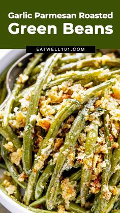 garlic parmesan roasted green beans in a white bowl