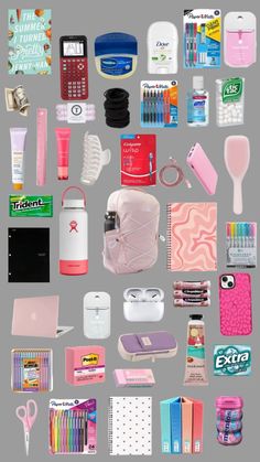 an assortment of items are arranged on a gray background, including toothbrushes, pens, and notebooks