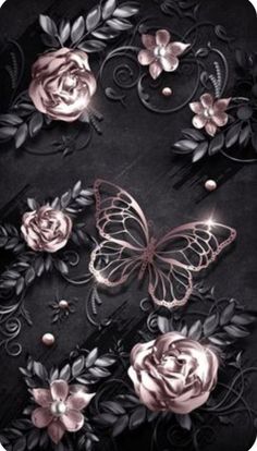 some flowers and butterflies on a black background