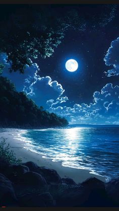 A serene night scene of a moonlit beach with gentle waves reflecting the bright full moon. The sky is filled with stars and surrounded by clouds, while lush trees line the shore. The calm ambiance of the ocean under the glowing moonlight creates a peaceful atmosphere.  
#moonlightbeach #nightvibes #serenenight #fullmoonmagic #oceanscenery #calmnature #nightlandscape #dreamynights #natureatnight #moonlitwaters #quietbeach #peacefulmoments #nightphotography Moonlit Beach, Beach Nights, Ocean At Night, Desktop Wallpaper Art, Most Beautiful Images, Beach Night, Sky Pictures, Night Landscape, Cool Wallpapers Art