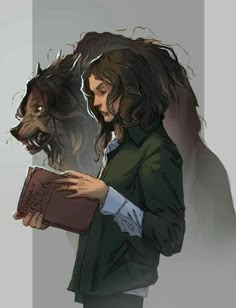 a drawing of a woman holding a book with a wolf on the cover behind her