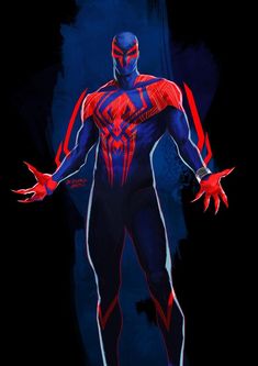 the amazing spider - man is standing in front of a black background with red and blue lines