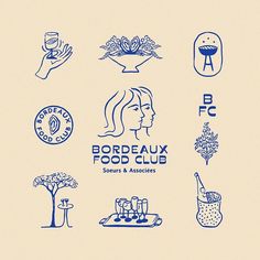 the logo for bordeaux food club is shown in blue on a beige background with hand - drawn icons