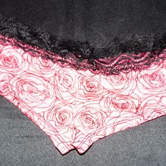 Pink Rose Print Boy Shorts Black Lace Trim New Feminine Pink Stretch Shorts, Summer Pink Rose Print Bottoms, Pink Rose Print Summer Bottoms, Short Sleep Bottoms With Lace Trim, Lace Trim Short Sleep Bottoms, Pink Lace Trim Shorts For Summer, Pink Stretch Brief Shorts, Black Lace Trim Shorts, Pink Boyshorts