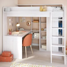 a white loft bed with desk and ladder to the top is next to a bookcase