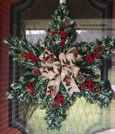 a christmas wreath hanging on the front door