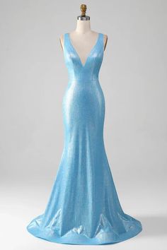 Light Blue V-neck Evening Dress For Party, Party Mermaid Dress With Sweep Train And V-neck, V-neck Mermaid Prom Dress With Sweep Train, V-neck Mermaid Dress With Sweep Train For Prom, Party V-neck Mermaid Dress With Sweep Train, Blue V-neck Mermaid Dress For Gala, V-neck Mermaid Homecoming Dress, Light Blue V-neck Party Evening Dress, Fitted V-neck Mermaid Dress For Prom