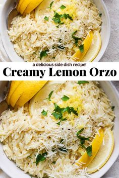 two bowls filled with creamy lemon orzo