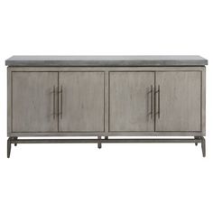 the sideboard is made from wood and has two doors on one side, with metal handles