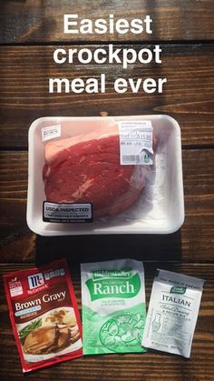 an image of some meat on a table with the words easy crockpot meal ever