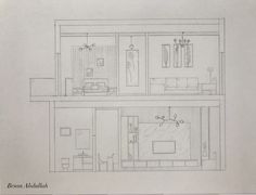 an architectural drawing of a two story house with living room and bedroom areas on each level