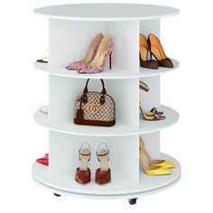 a white shelf filled with lots of different types of shoes and purses on top of it