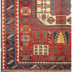 Antique Kazak Karachopf Rug with Octagon Medallion in Red, Blue and Green Tones. Keivan Woven Arts / rug N15-0306, country of origin / type: Caucus / Karachopf, circa 1880. Measures: 6' x 7.1. Karachopf rugs are among the most desirable Caucasian rugs. The vibrant reds, blues, greens and ivories that decorate this beautiful antique Karachopf carpet are all representative of 19th century, Caucasian weaving. Its geometric design is in line with the finest of Caucasians, while the composition is ch Land Design, Back Room, Carpets And Rugs, Persian Art, Medallion Rug, Antique Persian Rug, Caucasian Rug, Row House, Antique Carpets