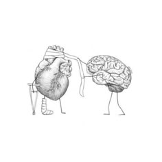 a drawing of two people holding hands with a human heart and brain in the middle