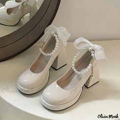 Olivia Mark - Classico Pearl Studded White High Heels Mary Janes with Chunky Heels Vintage High Heels, Dr Shoes, Nude Shoes, Round Toe Shoes, Mary Jane Pumps, Mary Jane Heels, Genuine Leather Shoes, Jane Shoes, Leather Shoes Woman