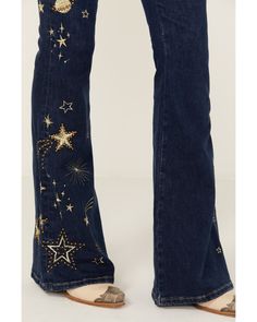 Space Jeans, Decorated Jeans, Paint Pants, Galaxy Pants, Sparkle Jeans, High Rise Flare Jeans, Patch Jeans, Women's Shooting, Denim Decor