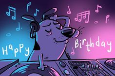 a cartoon dog with headphones on sitting in front of a keyboard and music notes