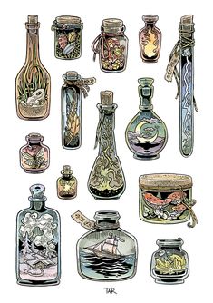 an assortment of bottles with different types of things in them, including fish and sea creatures