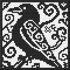 a black and white cross stitch pattern with an ornate design in the center, on a black background