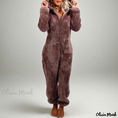 Olivia Mark - Thickened and Warm Fleece Hooded Onesie Pajamas for Home Wear. Onesie Pajamas Women, Comfortable Loungewear, Casual Maternity, Onesie Pajamas, Maternity Jumpsuit, Cozy Loungewear, Coffee Color, Casual Jumpsuit, Printed Jumpsuit