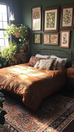 23 Whimsical Moody Boho Bedroom Ideas To Copy Moody Green Boho Bedroom, Cottage Core Maximalist Bedroom, Cozy Bedroom Wardrobe, Dark Green Cottagecore Bedroom, Moody Green Bedroom Ideas, Dark Forest Green Bedroom, Moody Bedding Sets, Moody Bedroom Boho, Green Attic Bedroom