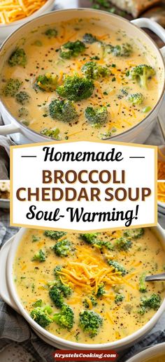 homemade broccoli cheddar soup in two white bowls