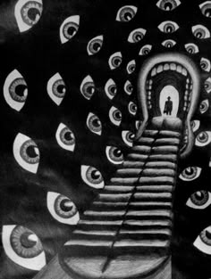 a black and white drawing of an eye staircase