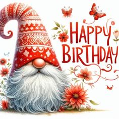 a happy birthday card with an image of a gnome