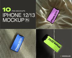 an iphone 12 / 13 mockup is shown in three different photos