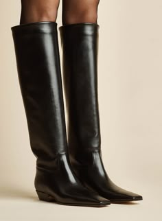 The Marfa Knee-High Boot in Black Leather– KHAITE Knee High Boot Outfits Winter, Square Toed Boots, Fw 2024, 2023 Mood, Knee High Boots Flat, 2024 Wishlist, Luxury Boots, Low Heel Boots, Winter Lookbook