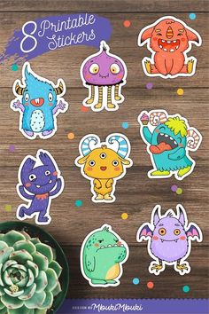 the 8 printable monsters stickers are on a wooden table next to a succulent