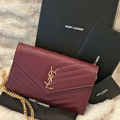 Brand New With Box And Authentication Cards Sac Yves Saint Laurent, Ysl Envelope Bag, Maroon Bag, Ysl Purse, Ysl Wallet, Saint Laurent Bags, Girly Bags, Yves Saint Laurent Bags, Chain Wallet