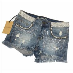 New With Tags Very Unique Machine Distressed Cutoff Jean Shorts! Embellished With Rhinestones Throughout The Shorts! Shorts Are 11” Long! Great And Rare Pair Of Shorts Short Rhinestone Bottoms For Night Out, Bedazzled Denim Bottoms, Spring Bottoms With Rhinestones, Short Style, Short Spring Bottoms With Rhinestones, Rhinestone-embellished Short Bottoms For Spring, Fitted Denim Bottoms With Rhinestones, Denim Bottoms With Rhinestones For Night Out, Casual Fitted Bottoms With Rhinestones, Casual Short Bottoms With Rhinestone Fringe