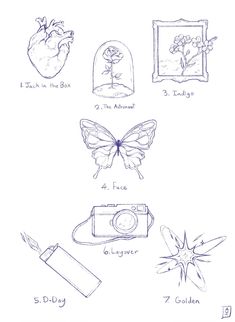 a drawing of different things that are in the shape of flowers, butterflies and hearts