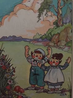 a painting of two children standing next to each other in front of trees and flowers