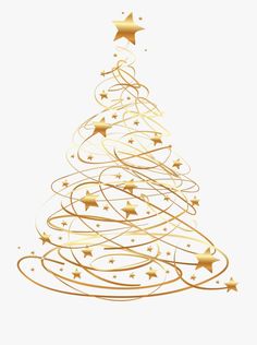 a gold christmas tree with stars on it's top and swirls around the base