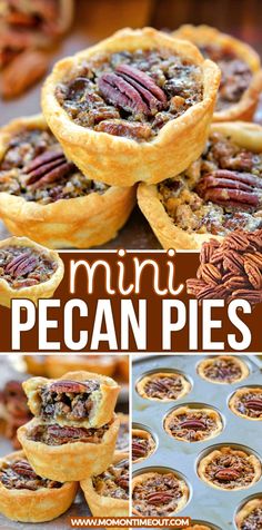 mini pecan pies with pecans in the middle, and on top of each other