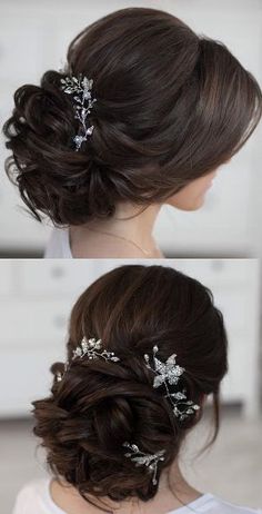 two pictures of a woman with hair combs in her hair, and one showing the back of her head