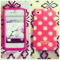 an iphone case sitting on top of a bed next to a cell phone with polka dots