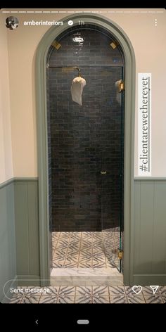 an arched doorway leading to a tiled shower