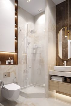 a bathroom with a toilet, sink and shower in it's center wall is illuminated by recessed lights