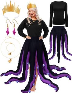 a woman wearing an octopus costume with purple tentacles