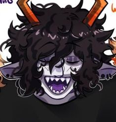 an animated drawing of a demon with horns and fangs on his head, surrounded by other demonic creatures