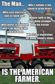 two red farmall tractors parked in front of a barn with the caption's description