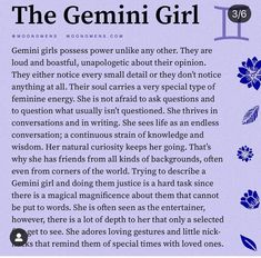 the gemini girl poem is shown with blue flowers and leaves on purple background