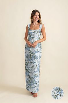 Beckett – Lula Kate Patterned Bridesmaid Dresses, Blue Green Dress, Semi Formal Wedding, Floral Bridesmaid Dresses, Floral Bridesmaid, Blue Bridesmaid Dress, Column Skirt, Summer Wedding Guests, Guest Attire